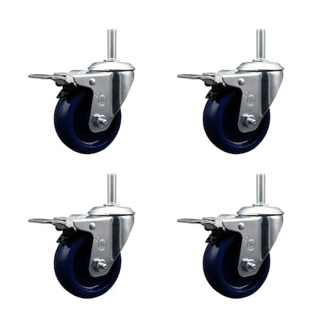 Service Caster 4 Inch Solid Polyurethane Swivel 58 Inch Threaded Stem Caster Set with Total Lock Brake SCC-TSTTL20S414-SPUS-58212-4